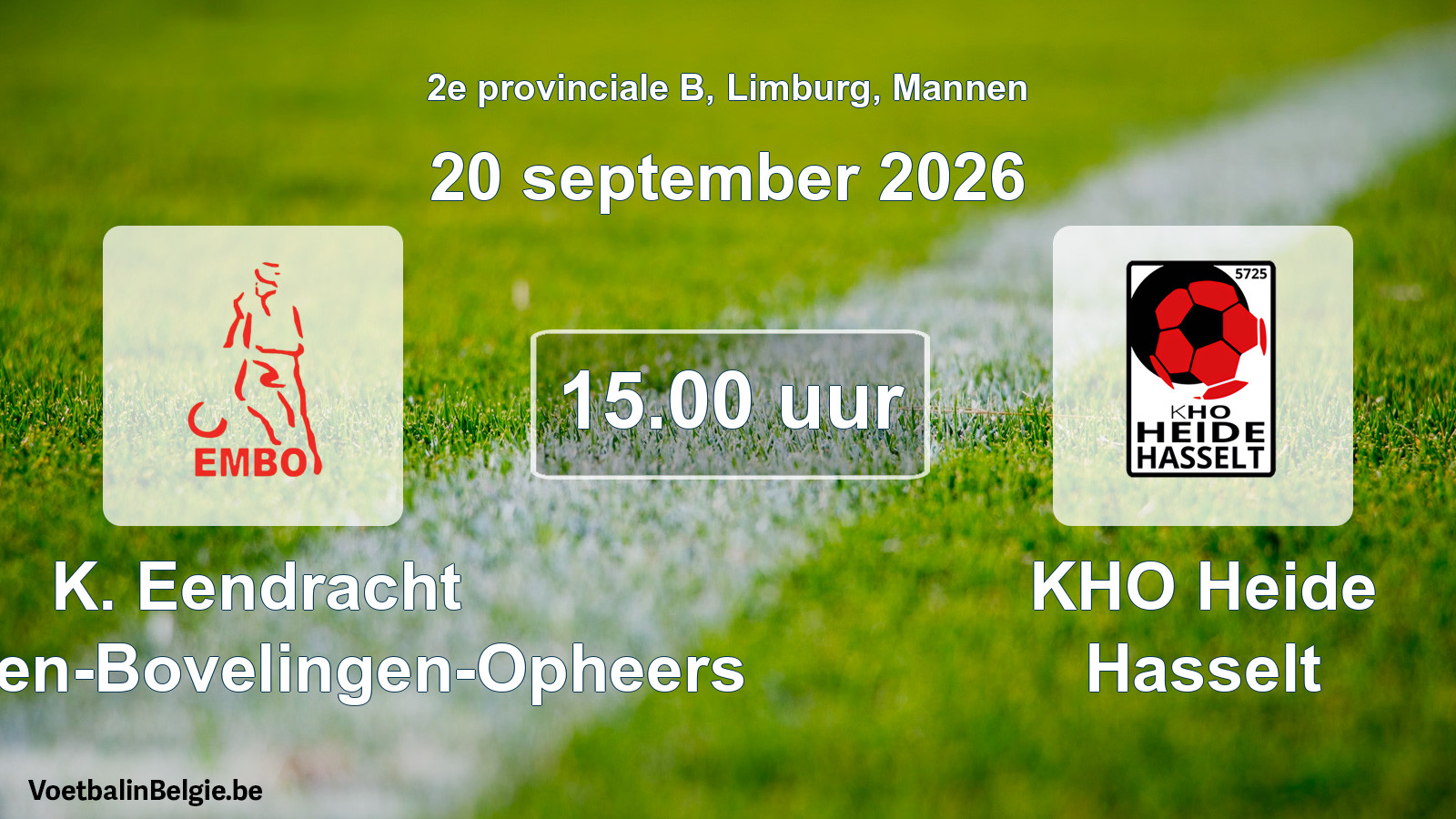 Geplande wedstrijd mannenvoetbal: K. Eendracht Mechelen-Bovelingen-Opheers - KHO Heide Hasselt (20 september 2026)