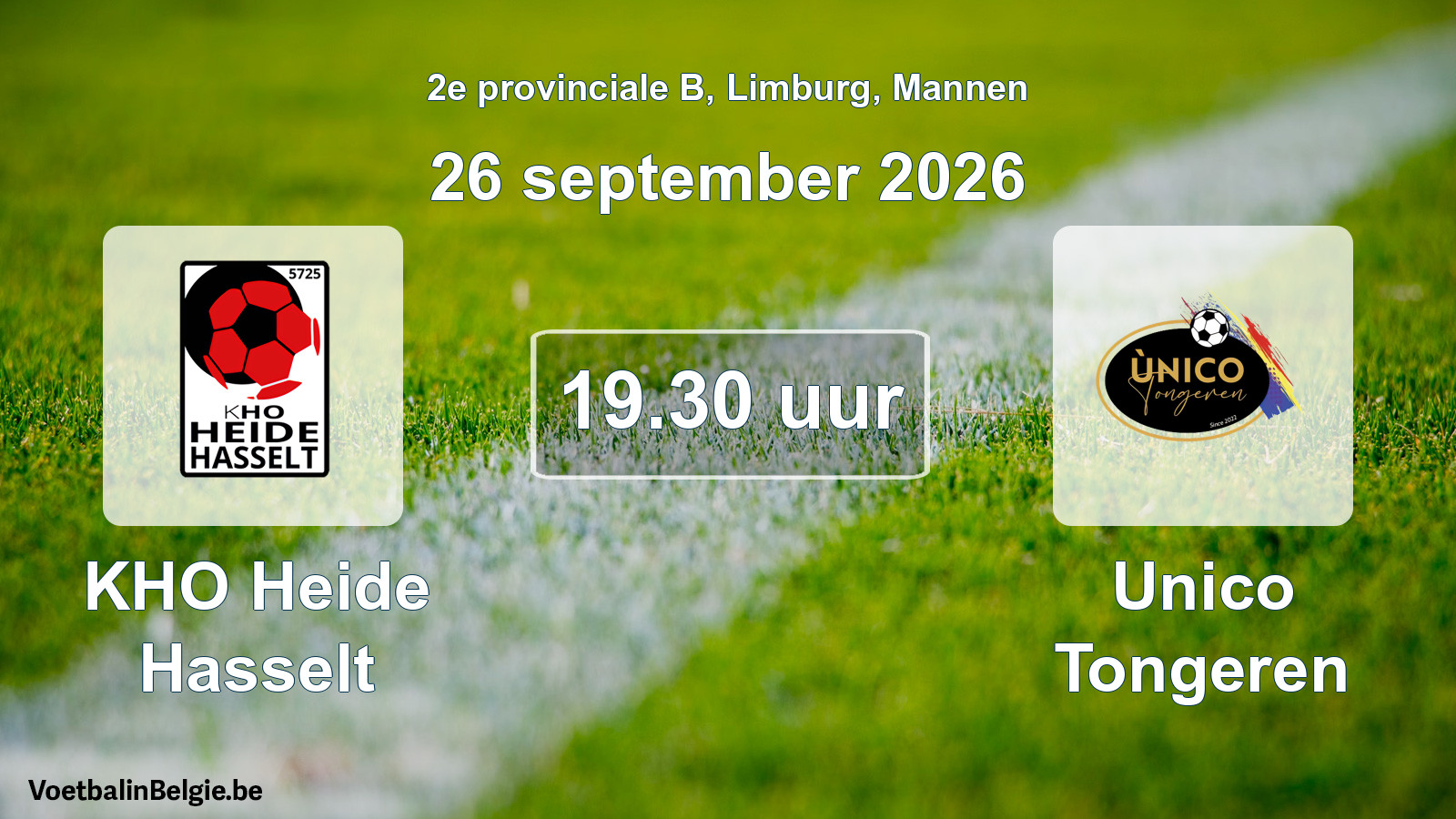 Geplande wedstrijd mannenvoetbal: KHO Heide Hasselt - Unico Tongeren (26 september 2026)