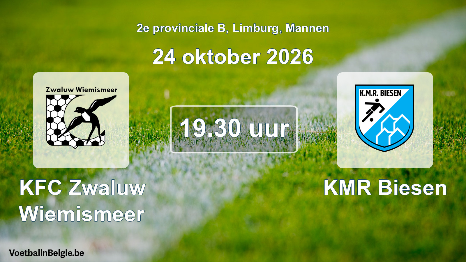 Geplande wedstrijd mannenvoetbal: KFC Zwaluw Wiemismeer - KMR Biesen (24 oktober 2026)