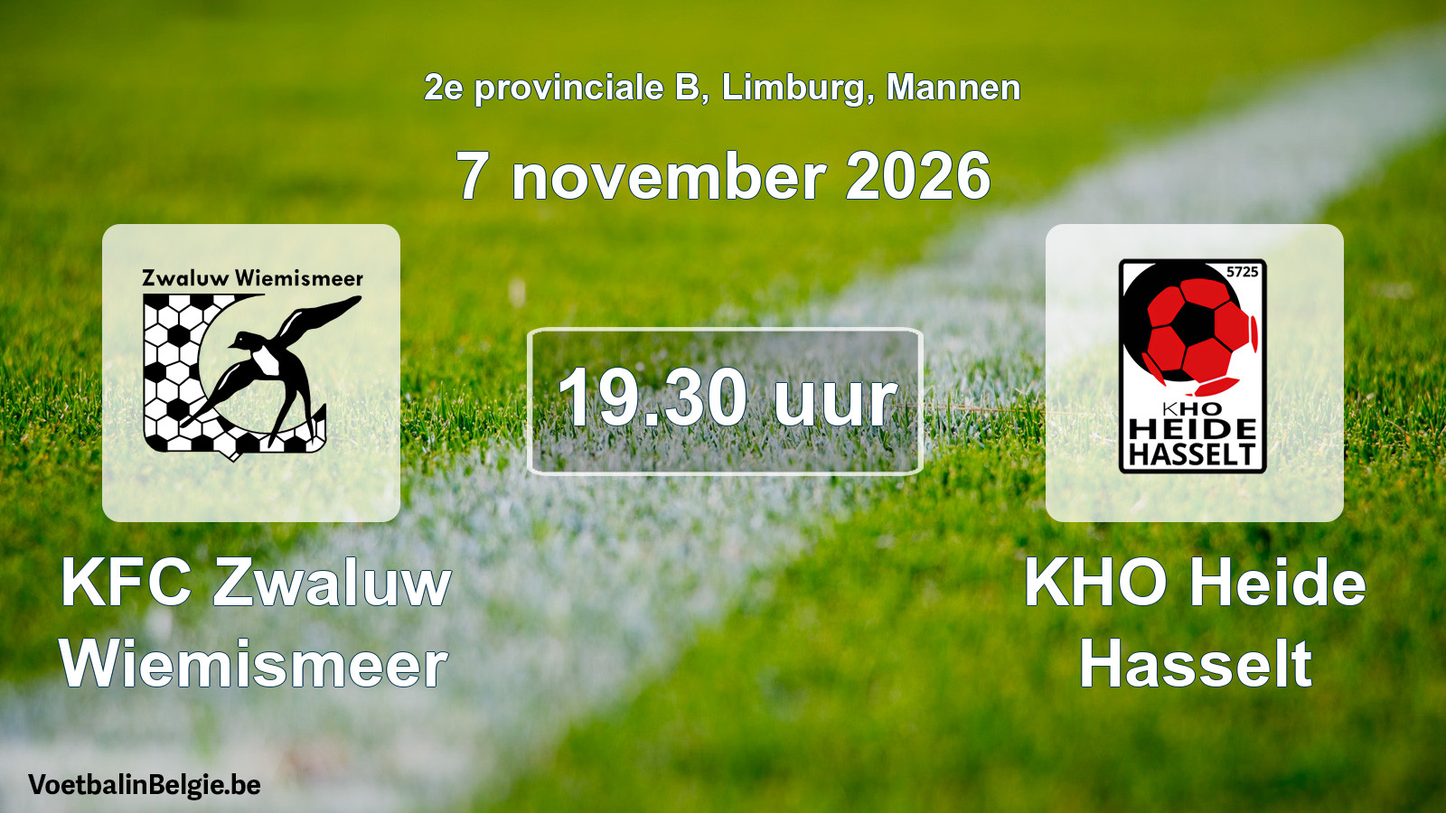 Geplande wedstrijd mannenvoetbal: KFC Zwaluw Wiemismeer - KHO Heide Hasselt (7 november 2026)