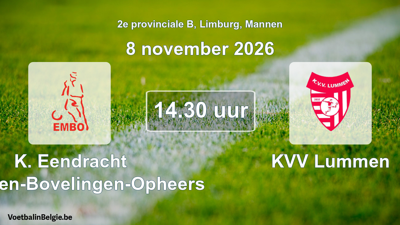 Geplande wedstrijd mannenvoetbal: K. Eendracht Mechelen-Bovelingen-Opheers - KVV Lummen (8 november 2026)