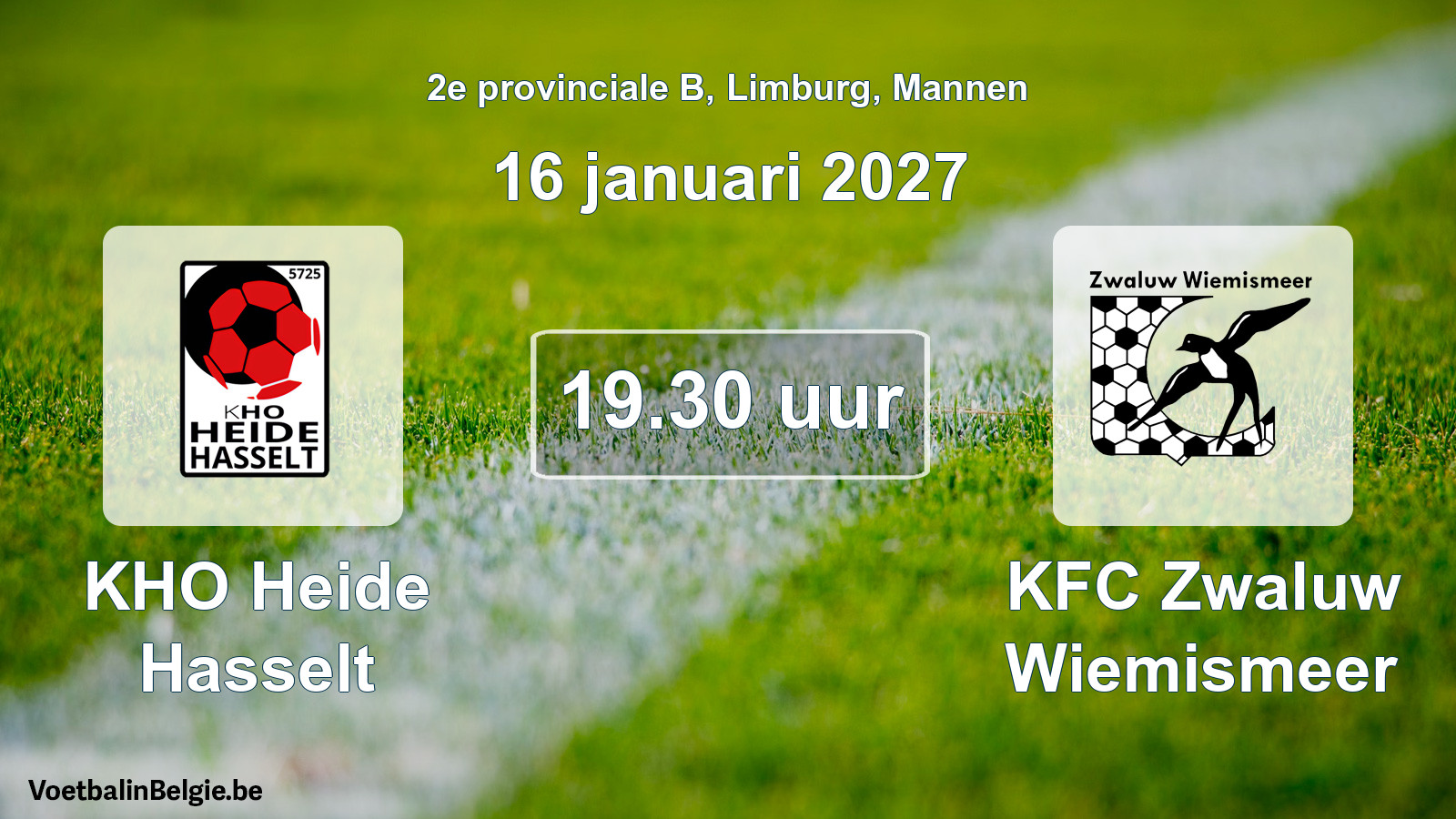 Geplande wedstrijd mannenvoetbal: KHO Heide Hasselt - KFC Zwaluw Wiemismeer (16 januari 2027)