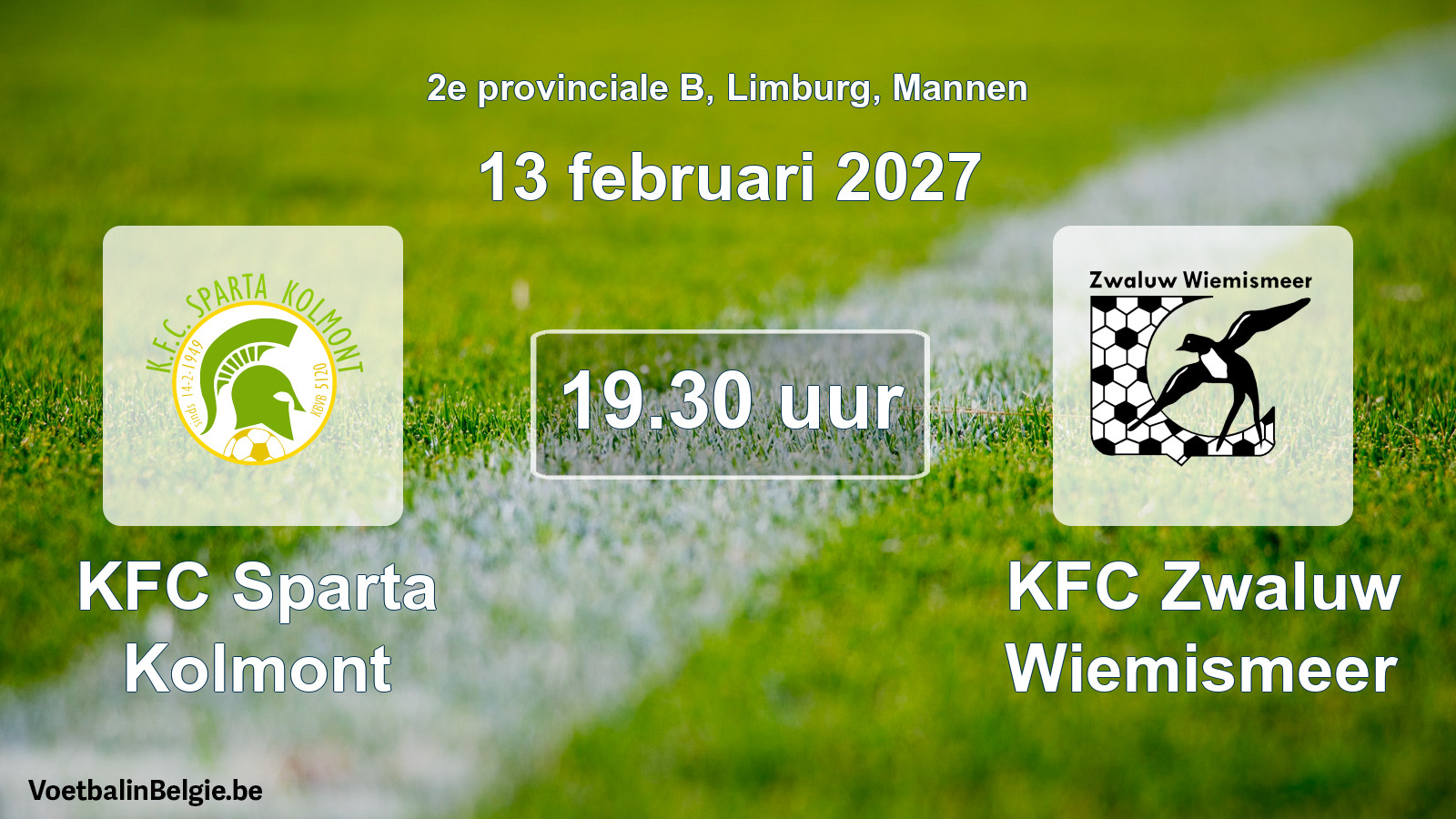 Geplande wedstrijd mannenvoetbal: KFC Sparta Kolmont - KFC Zwaluw Wiemismeer (13 februari 2027)