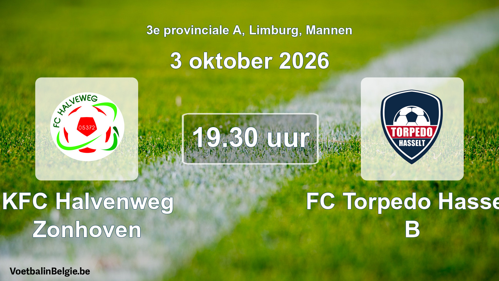 Geplande wedstrijd mannenvoetbal: KFC Halvenweg Zonhoven - FC Torpedo Hasselt B (3 oktober 2026)