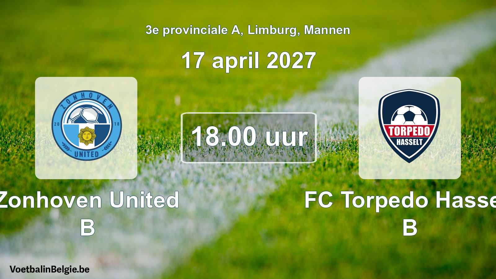 Geplande wedstrijd mannenvoetbal: Zonhoven United B - FC Torpedo Hasselt B (17 april 2027)