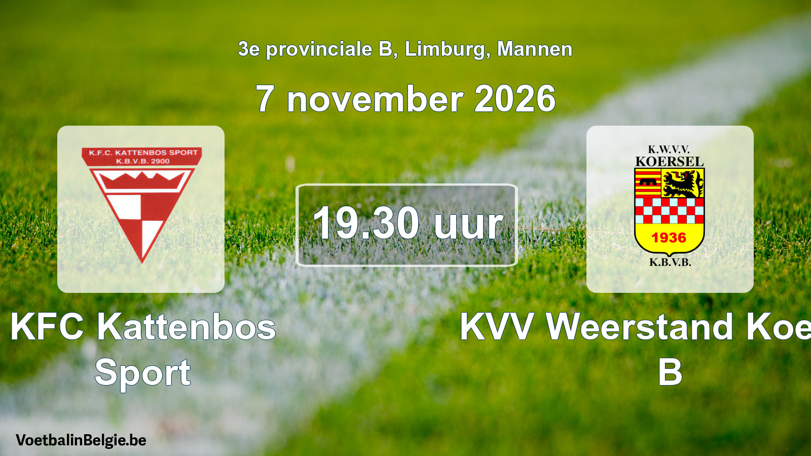 Geplande wedstrijd mannenvoetbal: KFC Kattenbos Sport - KVV Weerstand Koersel B (7 november 2026)