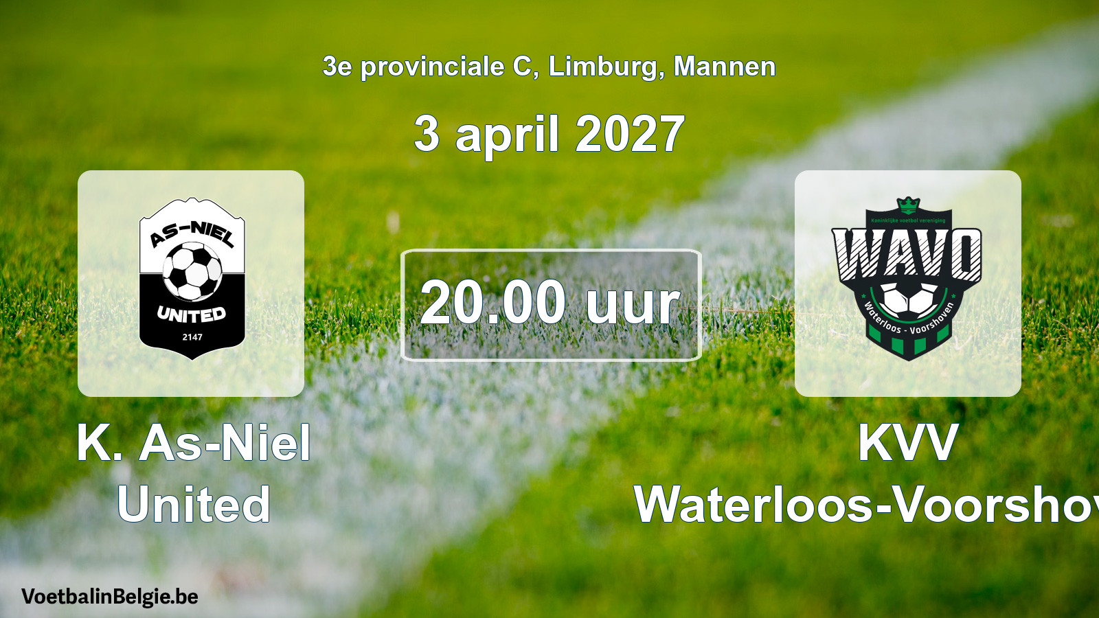 Geplande wedstrijd mannenvoetbal: K. As-Niel United - KVV Waterloos-Voorshoven (3 april 2027)
