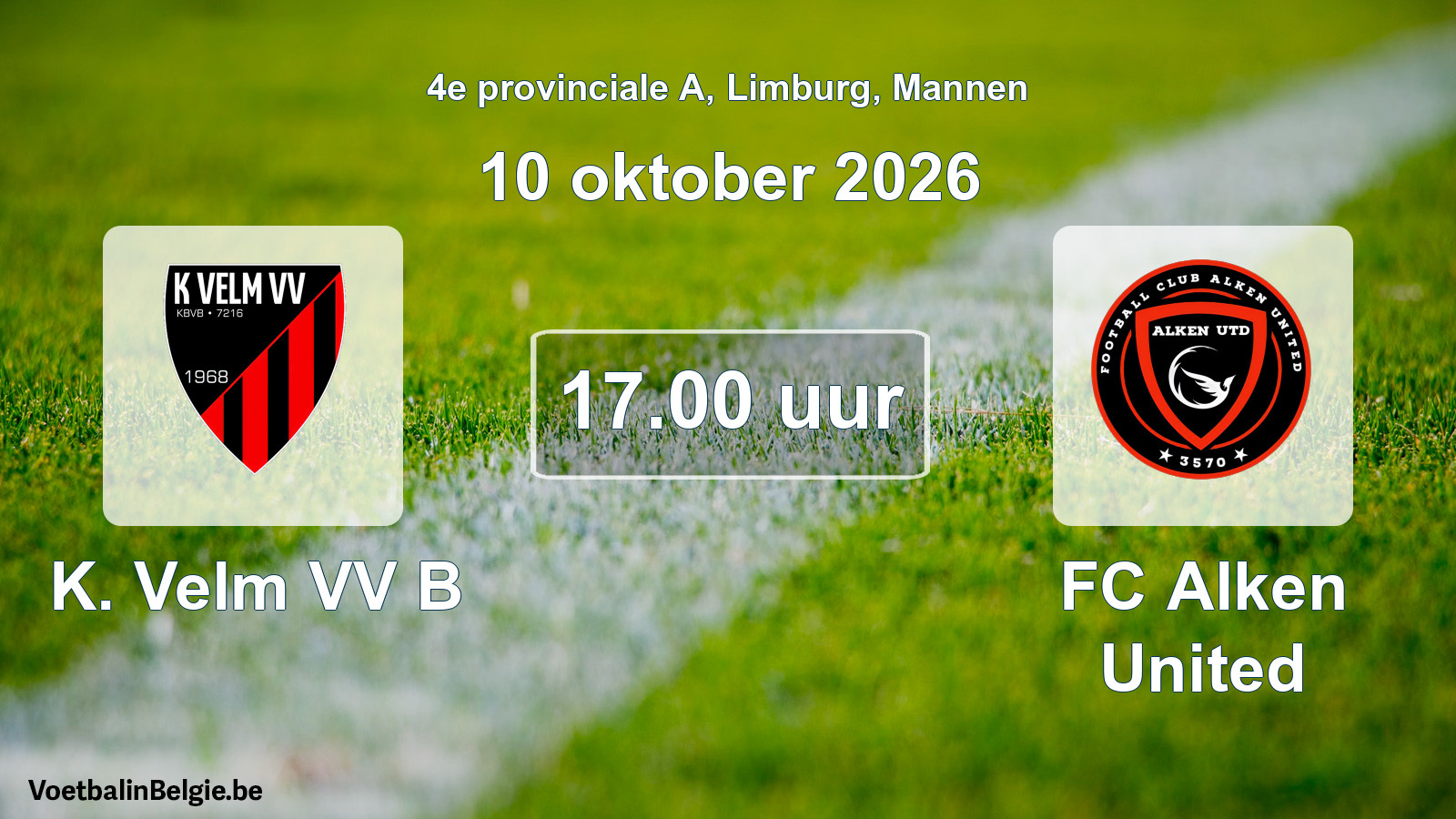 Geplande wedstrijd mannenvoetbal: K. Velm VV B - FC Alken United (10 oktober 2026)
