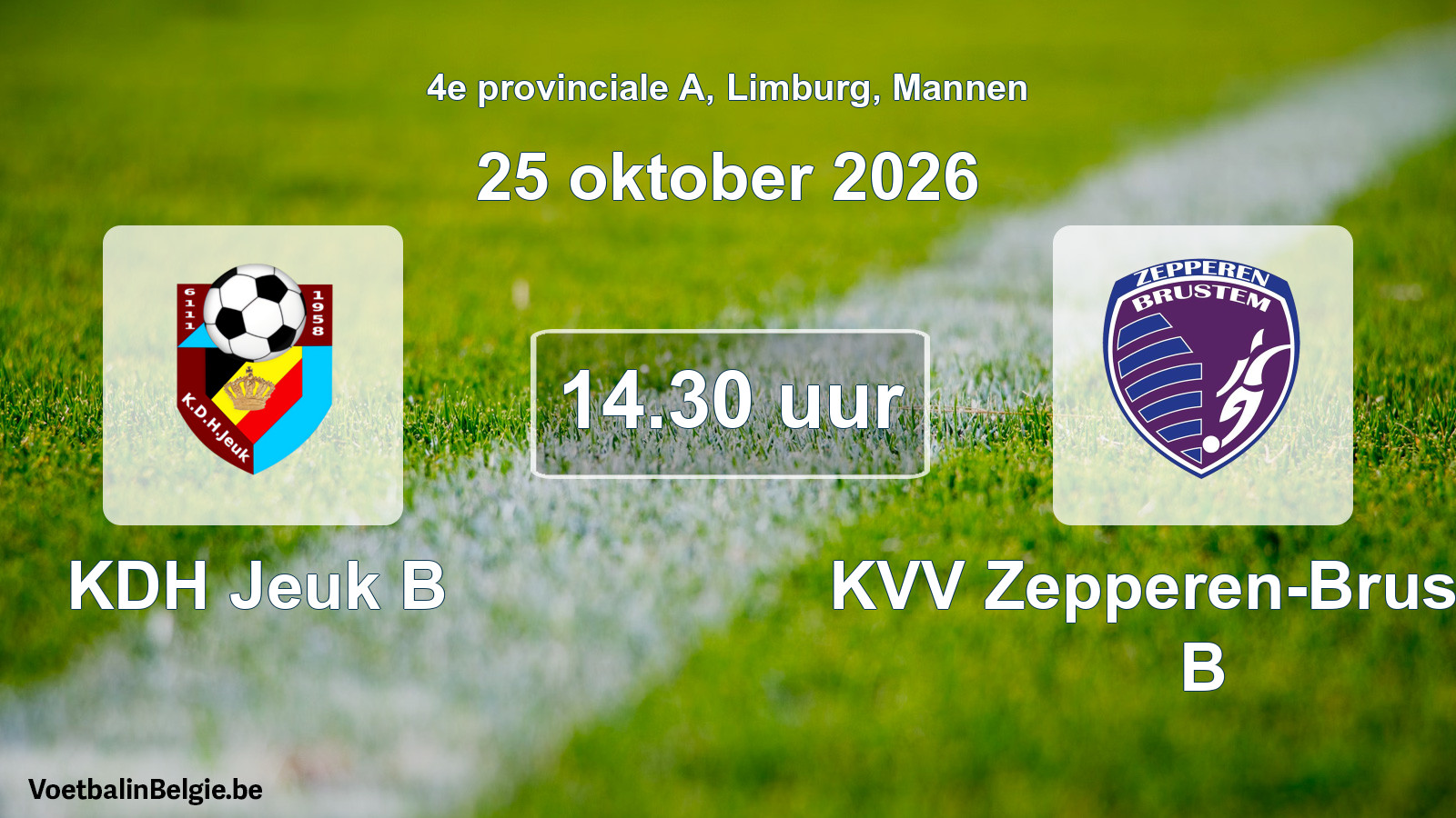 Geplande wedstrijd mannenvoetbal: KDH Jeuk B - KVV Zepperen-Brustem B (25 oktober 2026)