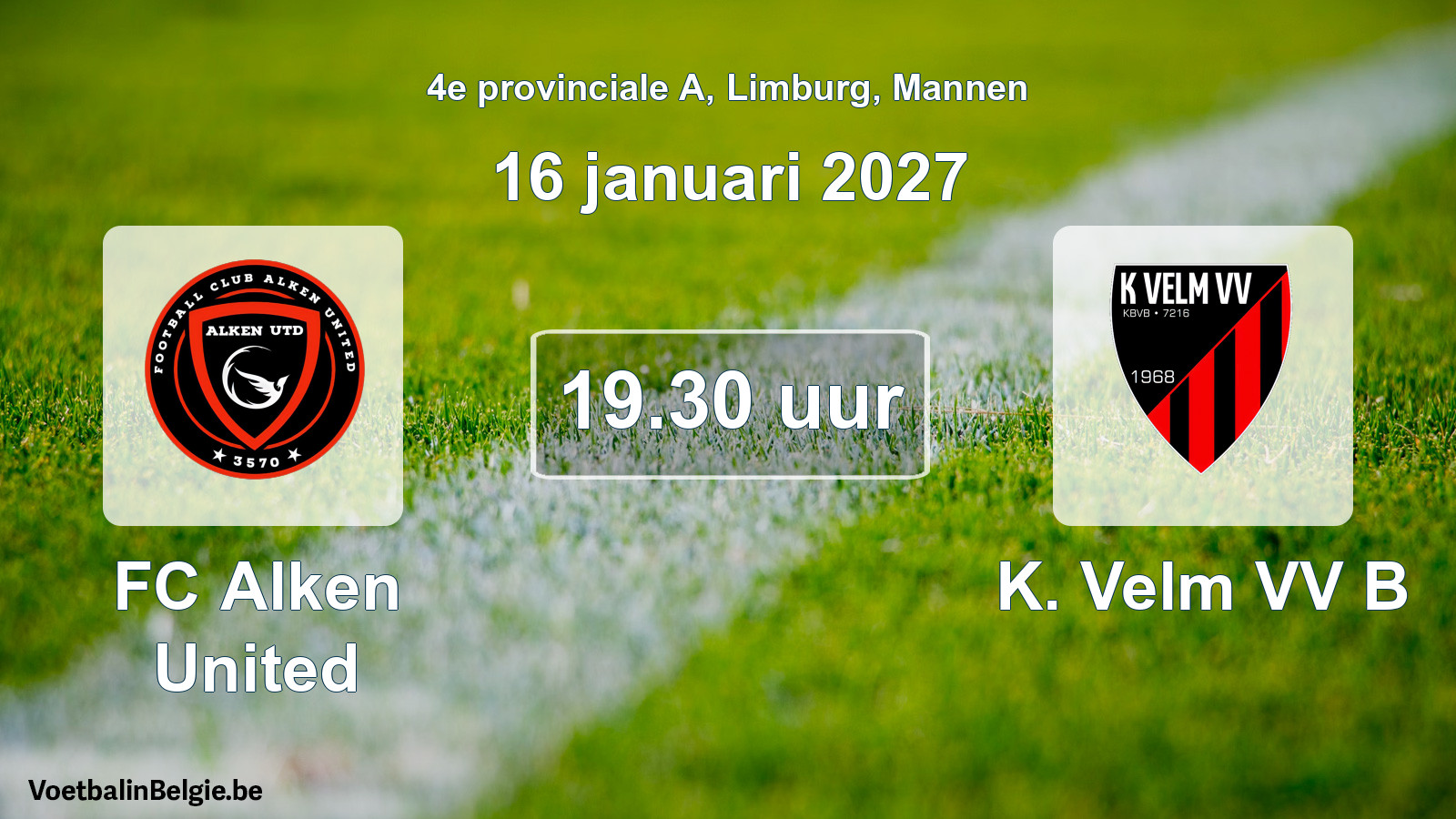 Geplande wedstrijd mannenvoetbal: FC Alken United - K. Velm VV B (16 januari 2027)