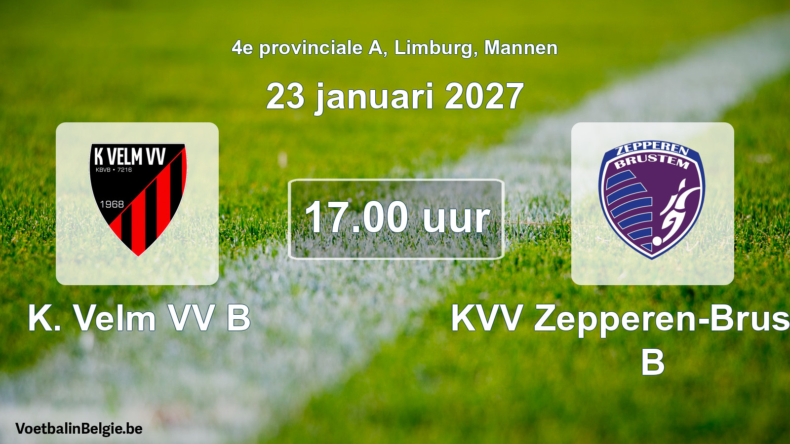 Geplande wedstrijd mannenvoetbal: K. Velm VV B - KVV Zepperen-Brustem B (23 januari 2027)