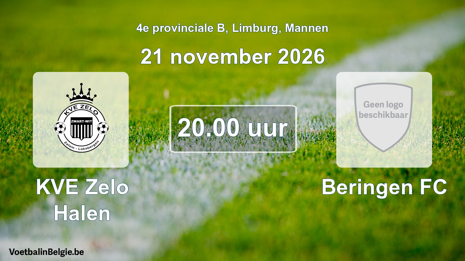 Geplande wedstrijd mannenvoetbal: KVE Zelo Halen - Beringen FC (21 november 2026)