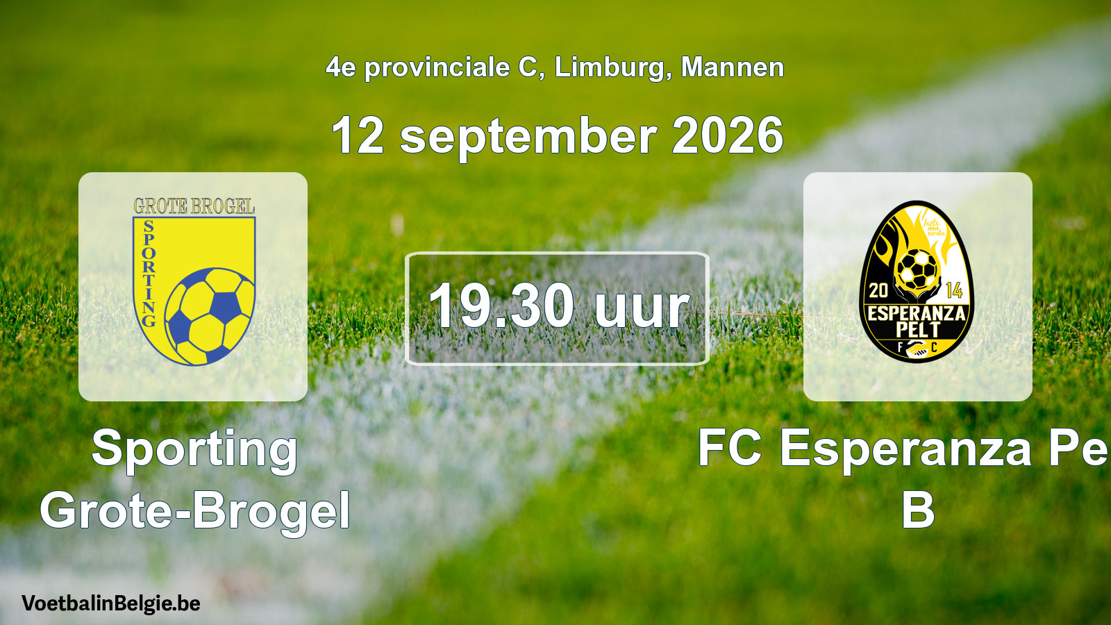 Geplande wedstrijd mannenvoetbal: Sporting Grote-Brogel - FC Esperanza Pelt B (12 september 2026)