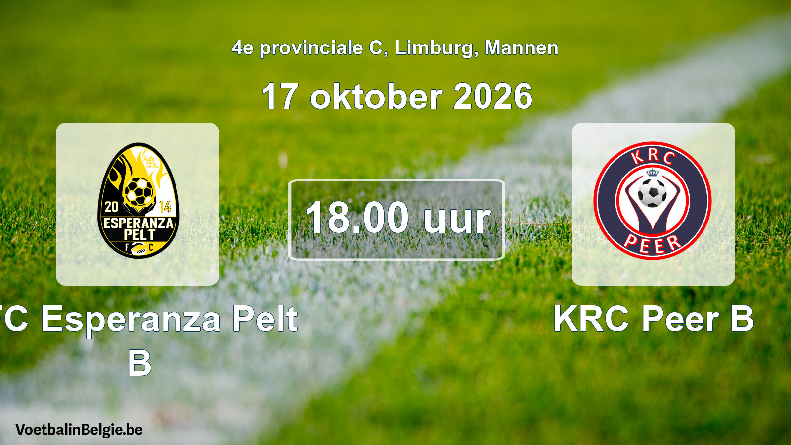 Geplande wedstrijd mannenvoetbal: FC Esperanza Pelt B - KRC Peer B (17 oktober 2026)