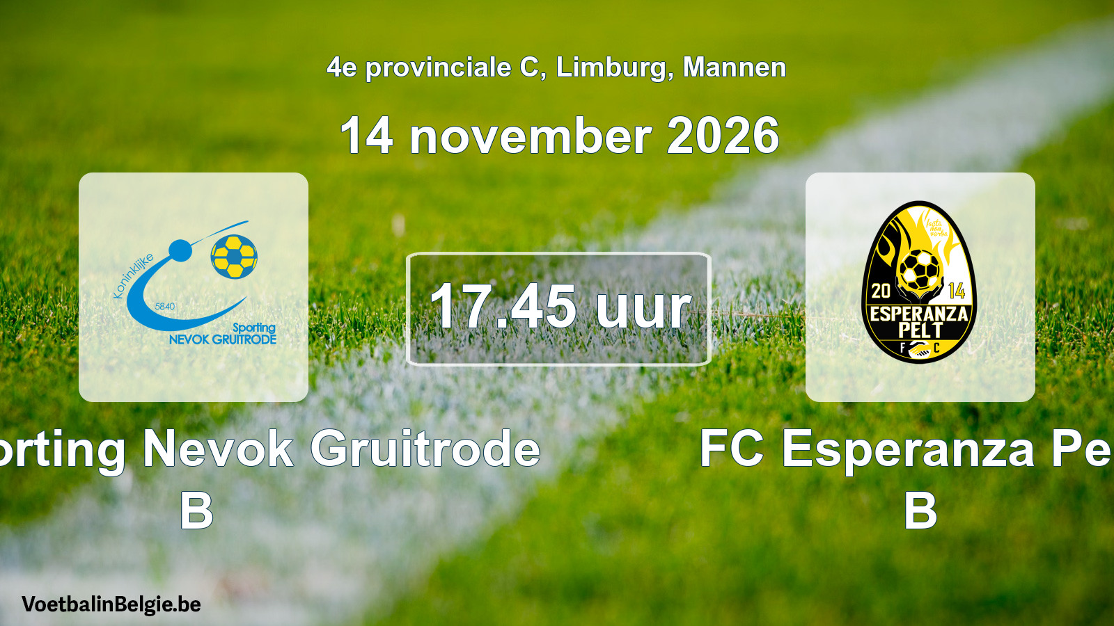 Geplande wedstrijd mannenvoetbal: K. Sporting Nevok Gruitrode B - FC Esperanza Pelt B (14 november 2026)