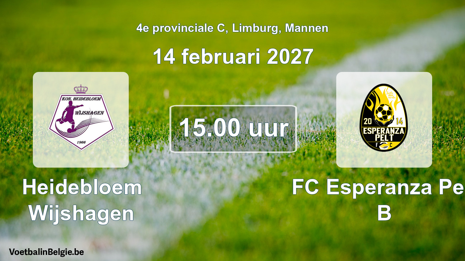 Geplande wedstrijd mannenvoetbal: Heidebloem Wijshagen - FC Esperanza Pelt B (14 februari 2027)