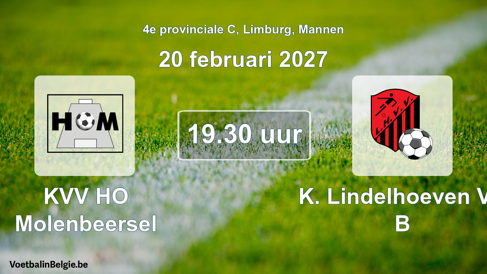 Geplande wedstrijd mannenvoetbal: KVV HO Molenbeersel - K. Lindelhoeven VV B (20 februari 2027)