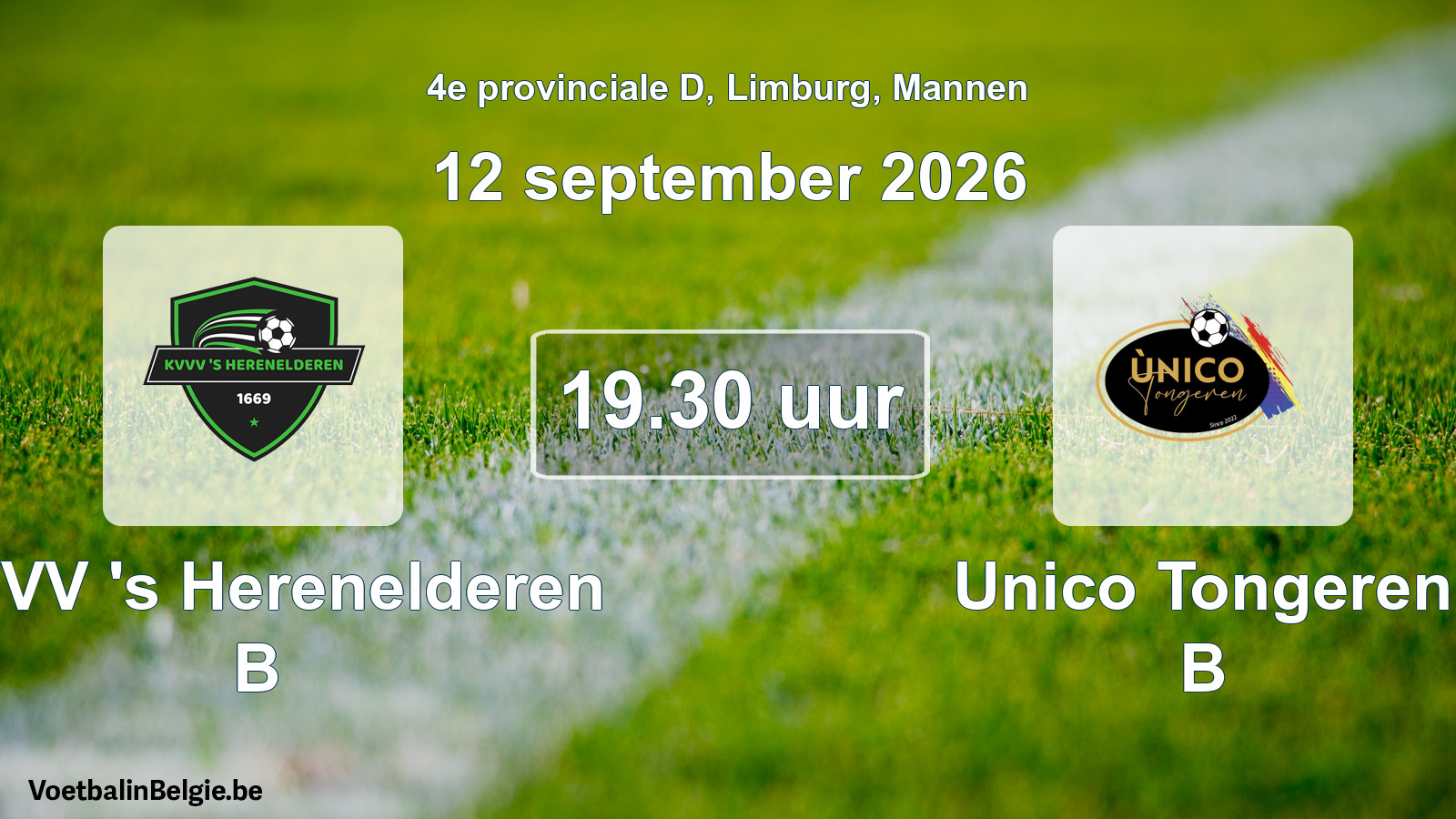 Geplande wedstrijd mannenvoetbal: KVVV 's Herenelderen B - Unico Tongeren B (12 september 2026)