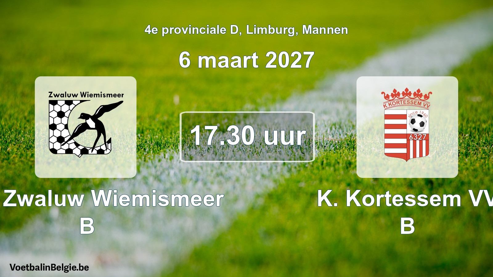 Geplande wedstrijd mannenvoetbal: KFC Zwaluw Wiemismeer B - K. Kortessem VV B (6 maart 2027)