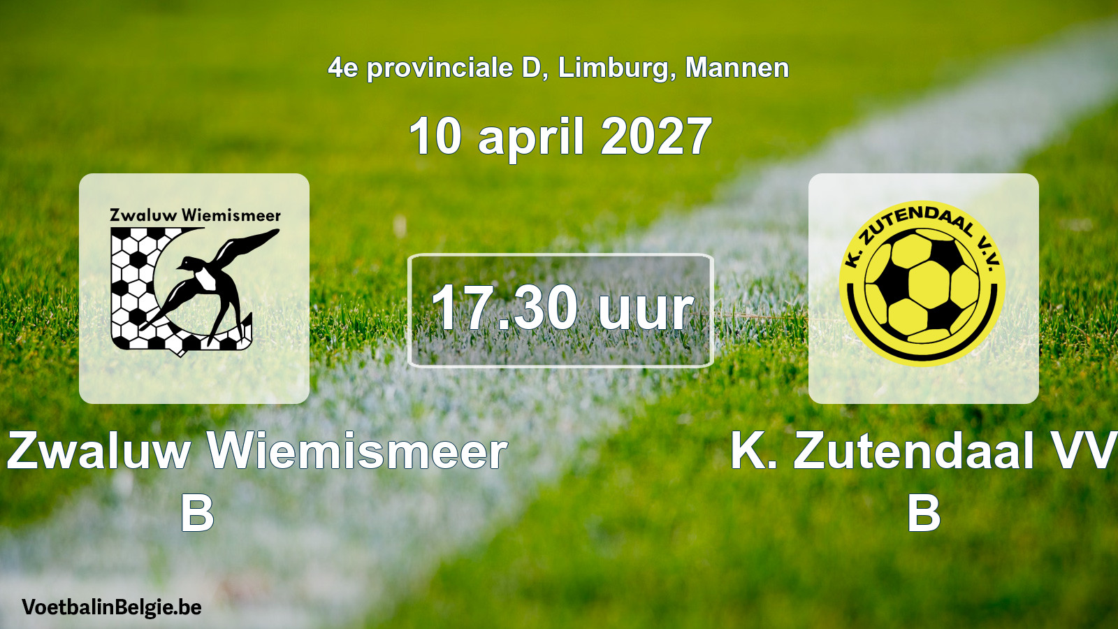 Geplande wedstrijd mannenvoetbal: KFC Zwaluw Wiemismeer B - K. Zutendaal VV B (10 april 2027)