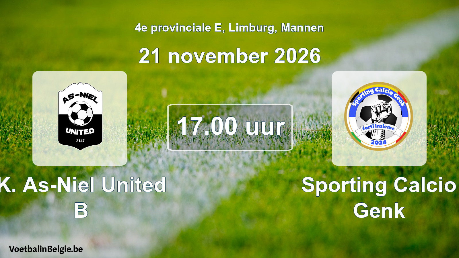 Geplande wedstrijd mannenvoetbal: K. As-Niel United B - Sporting Calcio Genk (21 november 2026)