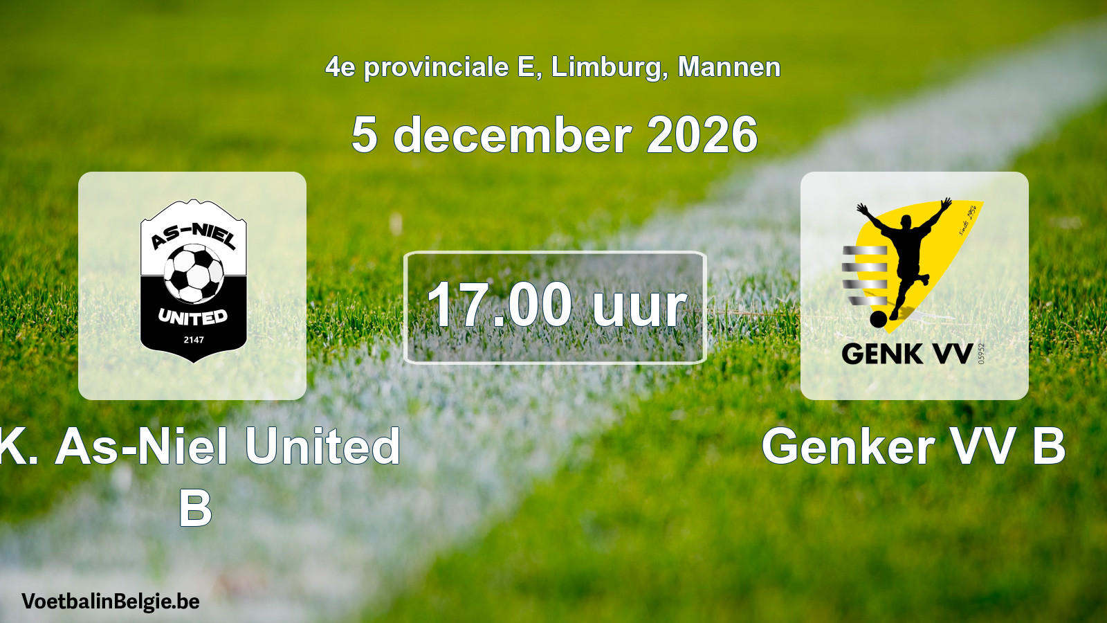 Geplande wedstrijd mannenvoetbal: K. As-Niel United B - Genker VV B (5 december 2026)