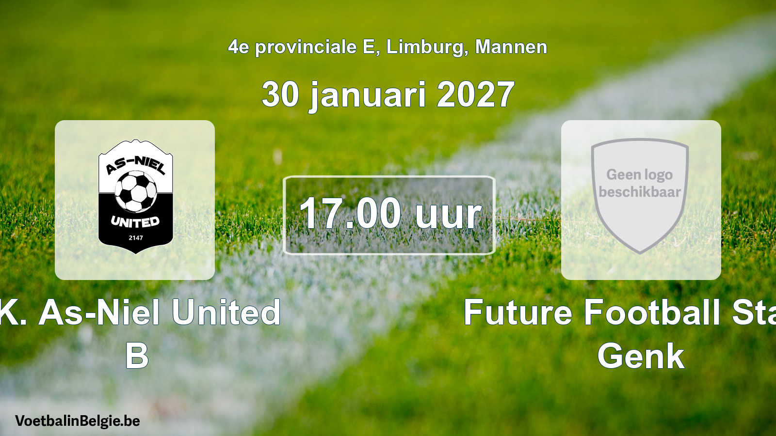 Geplande wedstrijd mannenvoetbal: K. As-Niel United B - Future Football Stars Genk (30 januari 2027)