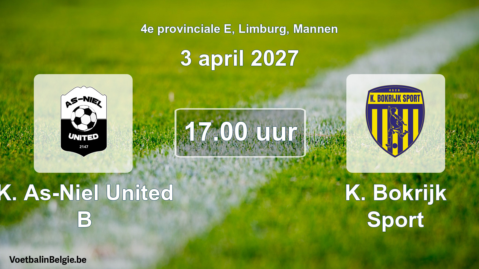 Geplande wedstrijd mannenvoetbal: K. As-Niel United B - K. Bokrijk Sport (3 april 2027)