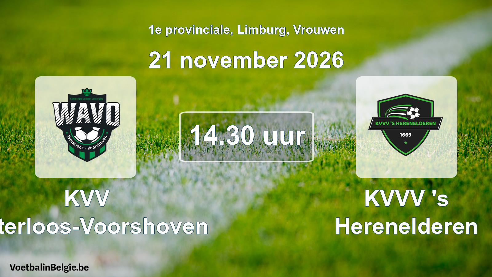 Geplande wedstrijd vrouwenvoetbal: KVV Waterloos-Voorshoven - KVVV 's Herenelderen (21 november 2026)