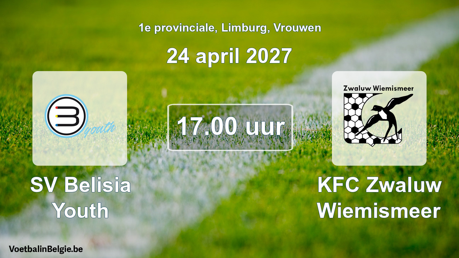 Geplande wedstrijd vrouwenvoetbal: SV Belisia Youth - KFC Zwaluw Wiemismeer (24 april 2027)
