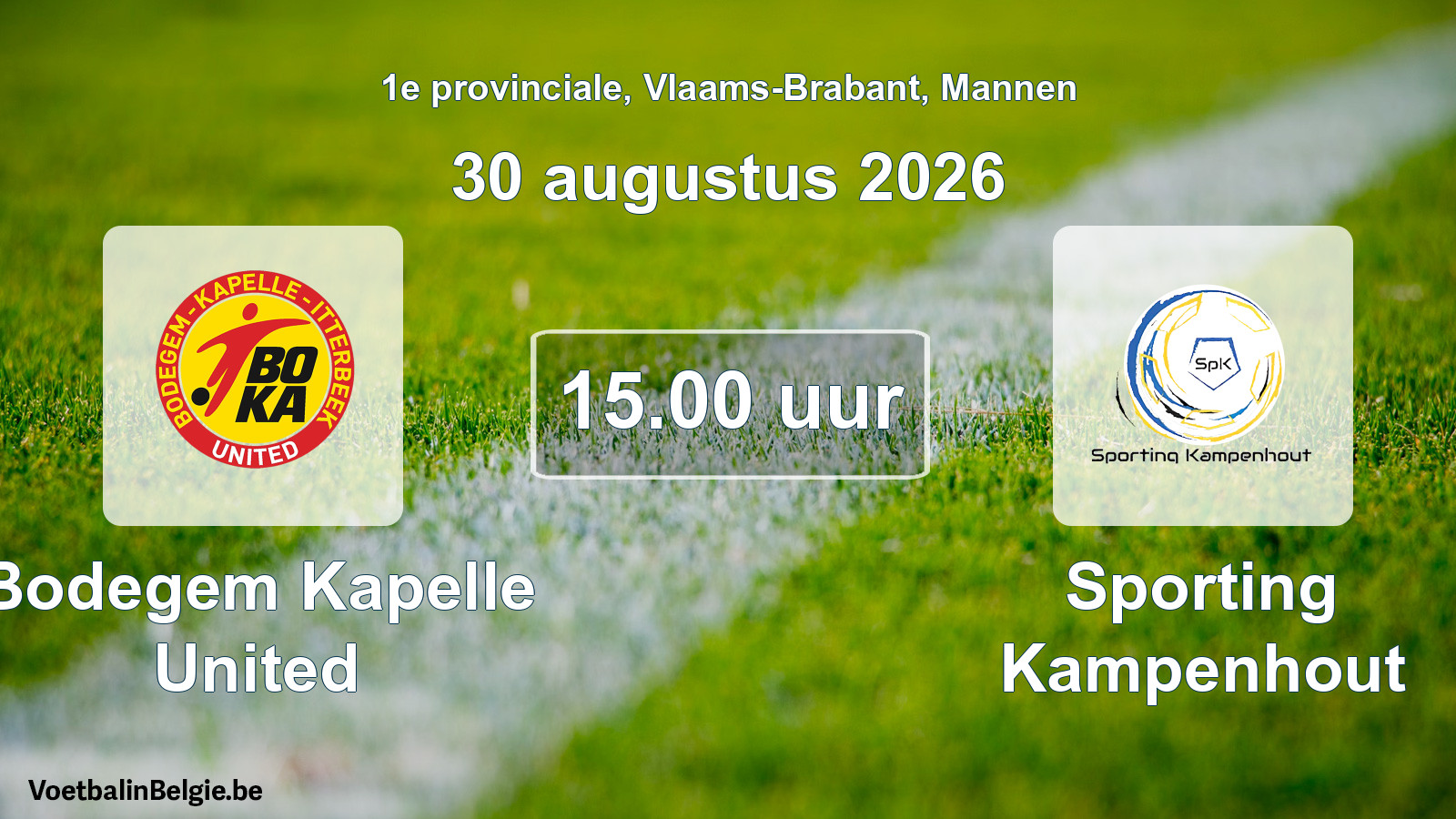 Geplande wedstrijd mannenvoetbal: Bodegem Kapelle United - Sporting Kampenhout (30 augustus 2026)