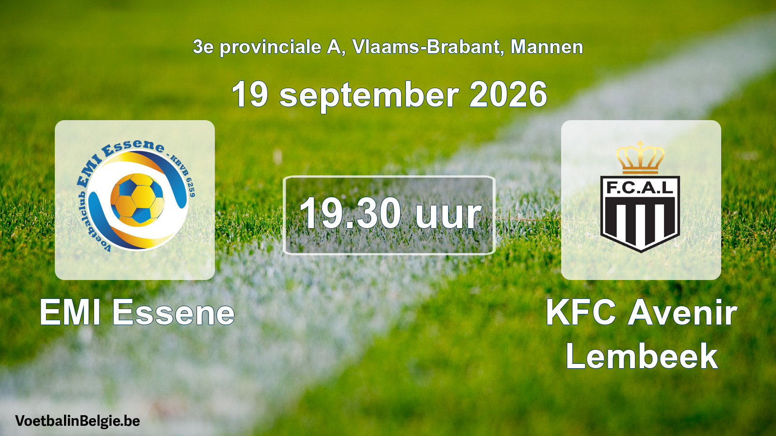 Geplande wedstrijd mannenvoetbal: EMI Essene - KFC Avenir Lembeek (19 september 2026)