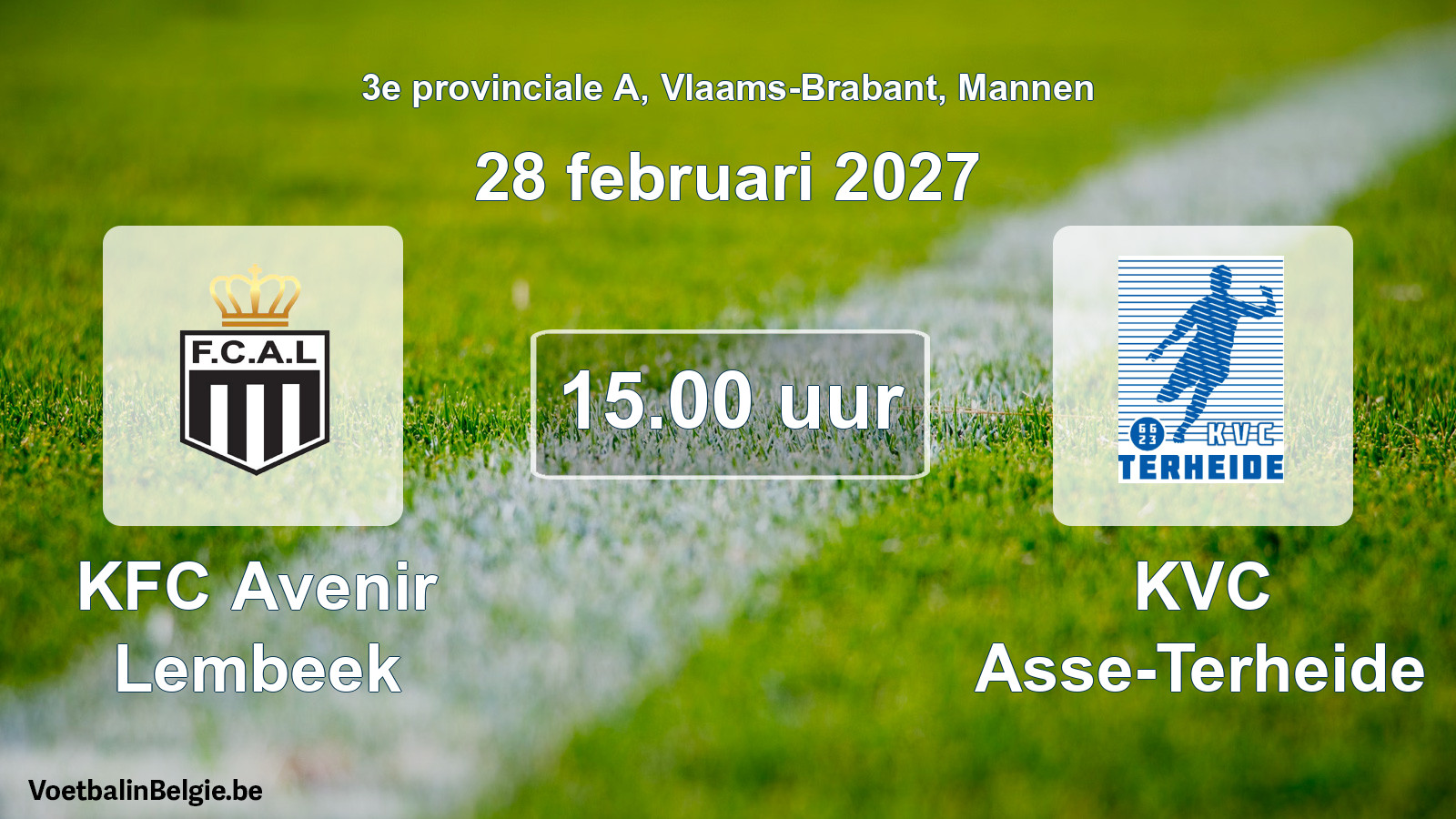 Geplande wedstrijd mannenvoetbal: KFC Avenir Lembeek - KVC Asse-Terheide (28 februari 2027)