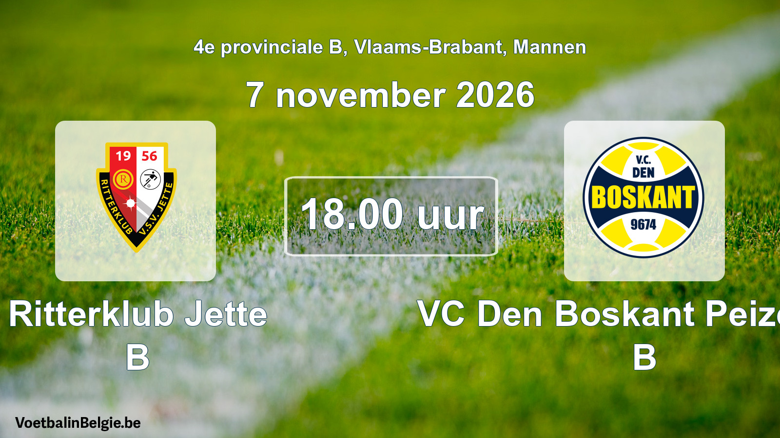 Geplande wedstrijd mannenvoetbal: Ritterklub Jette B - VC Den Boskant Peizegem B (7 november 2026)