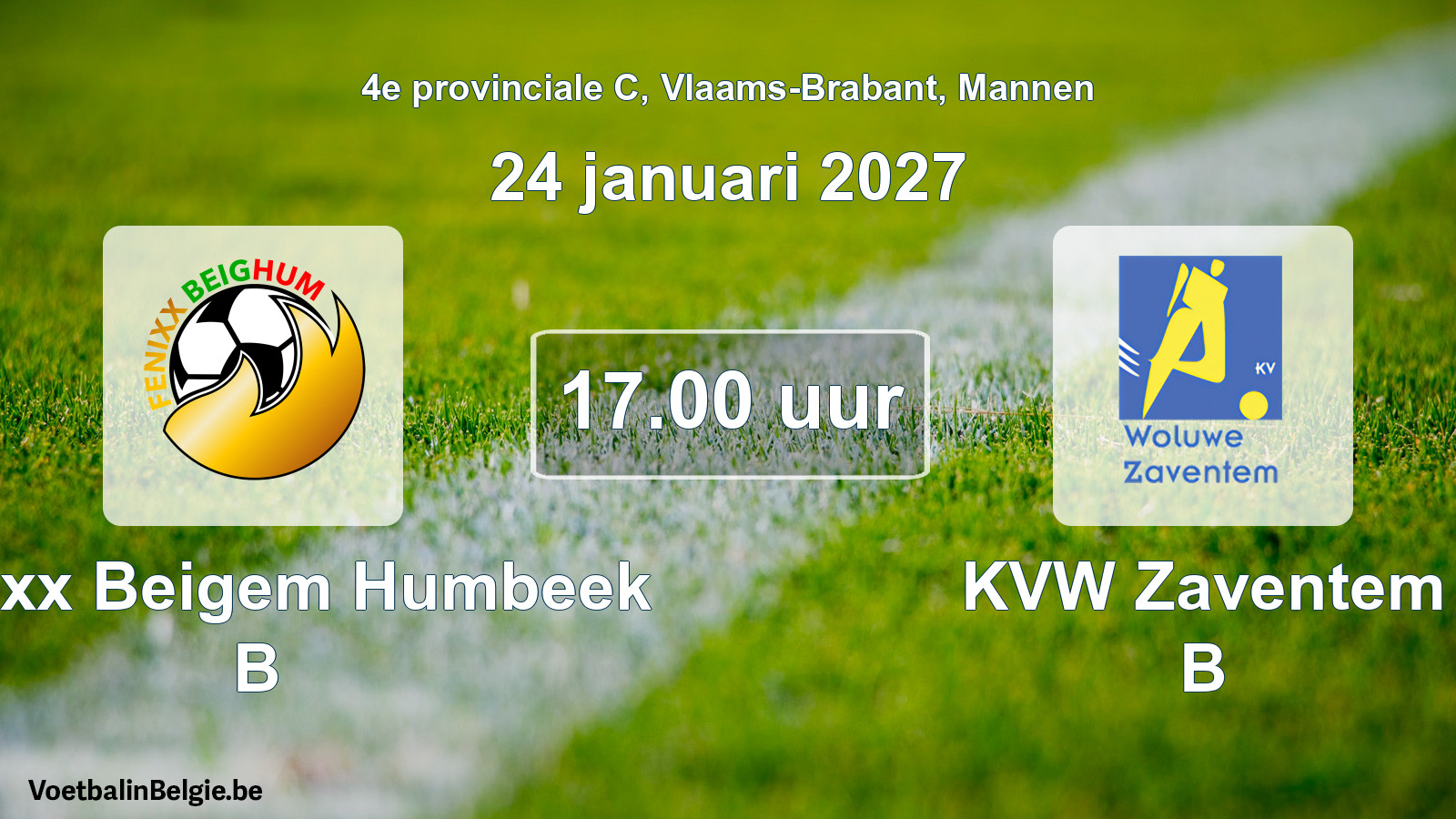 Geplantes Spiel männer-Fußball: Fenixx Beigem Humbeek B - KVW Zaventem B (24 Januar 2027)
