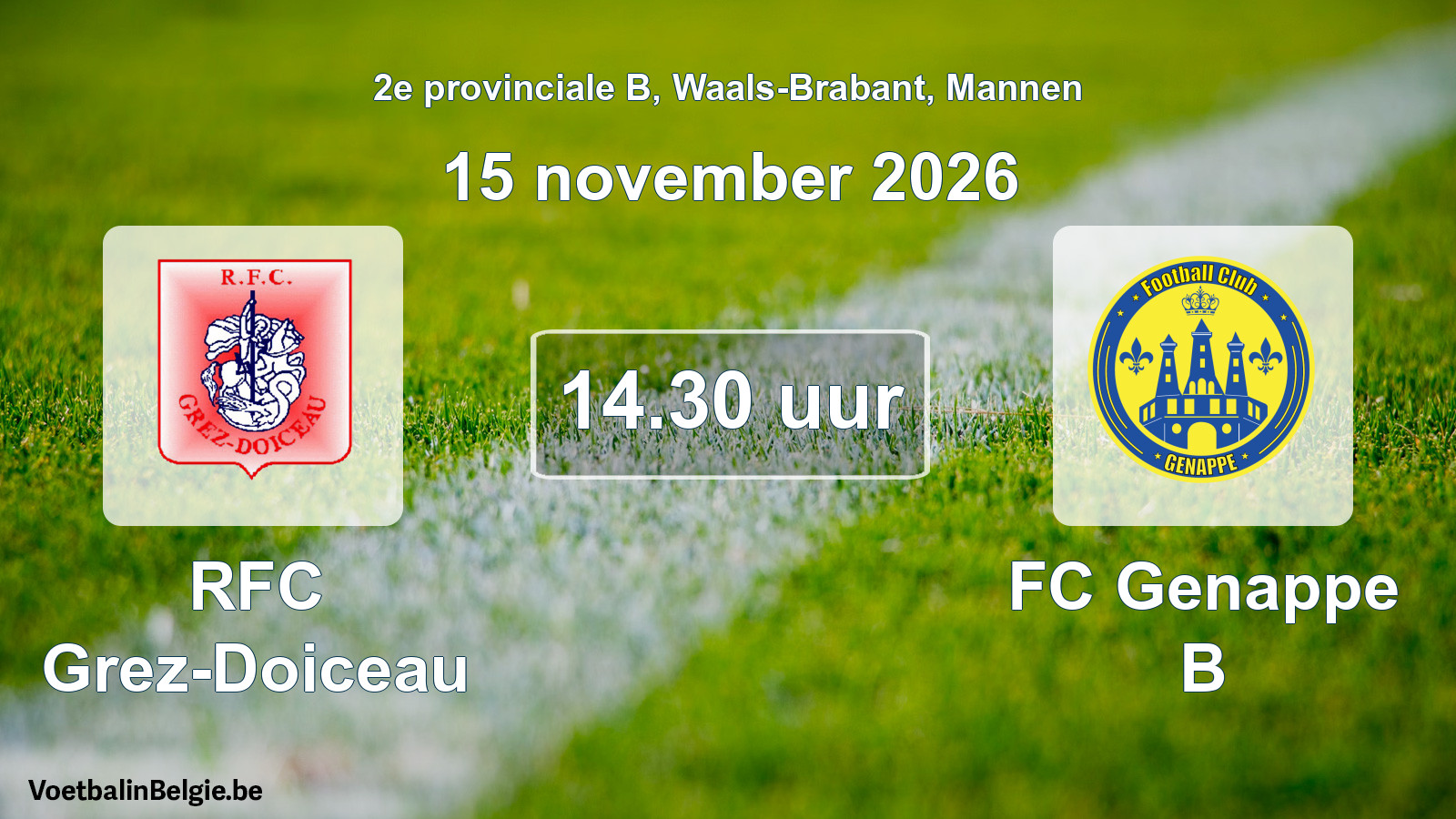 Geplande wedstrijd mannenvoetbal: RFC Grez-Doiceau - FC Genappe B (15 november 2026)