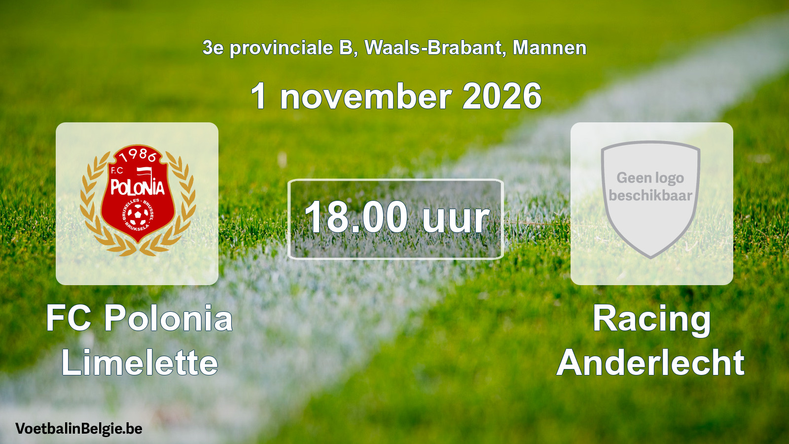 Geplande wedstrijd mannenvoetbal: FC Polonia Limelette - Racing Anderlecht (1 november 2026)