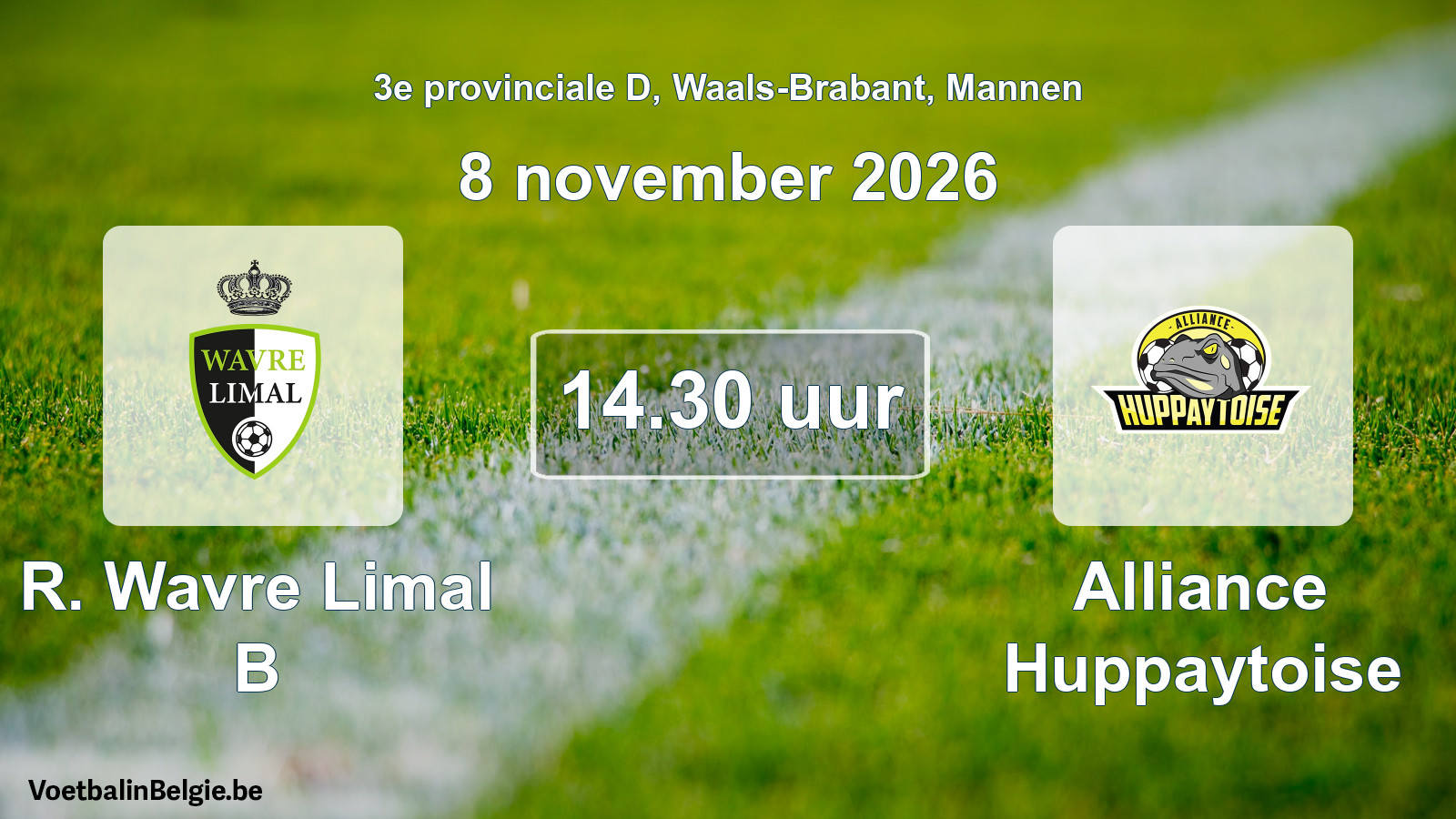 Match prévu football hommes: R. Wavre Limal B - Alliance Huppaytoise (8 novembre 2026)