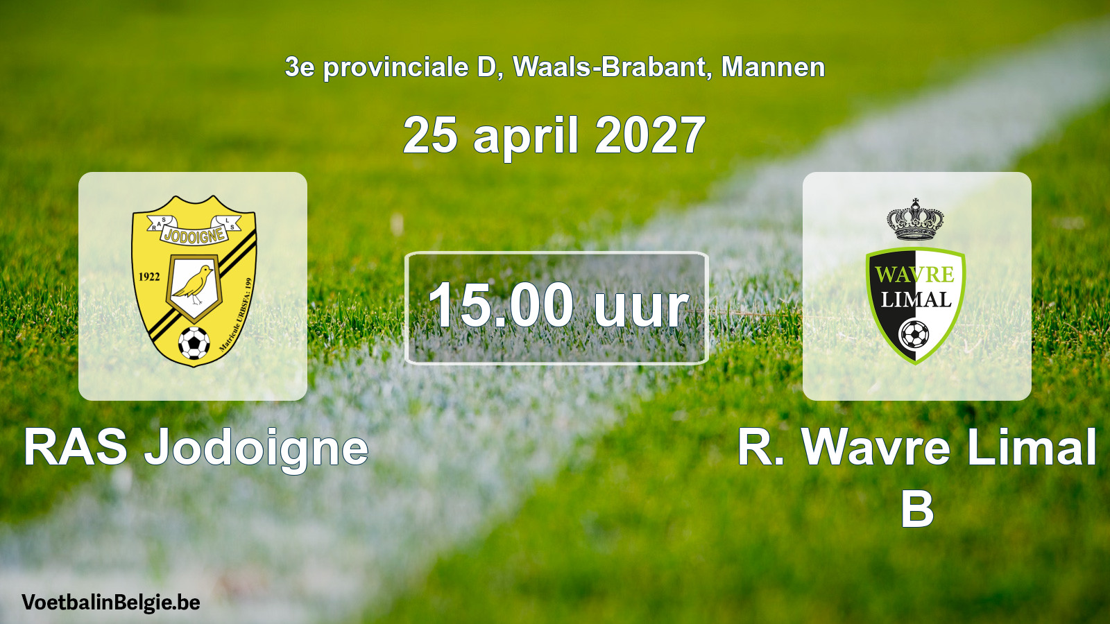 Geplande wedstrijd mannenvoetbal: RAS Jodoigne - R. Wavre Limal B (25 april 2027)