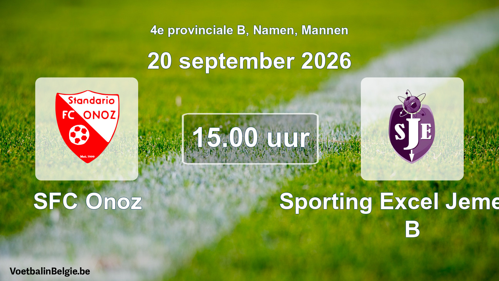 Geplande wedstrijd mannenvoetbal: SFC Onoz - Sporting Excel Jemeppe B (20 september 2026)