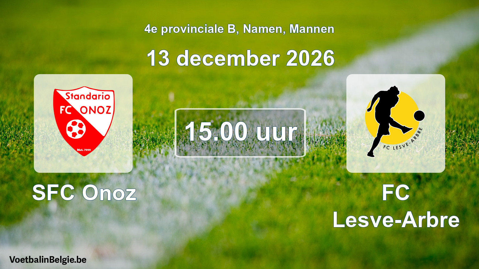 Geplande wedstrijd mannenvoetbal: SFC Onoz - FC Lesve-Arbre (13 december 2026)