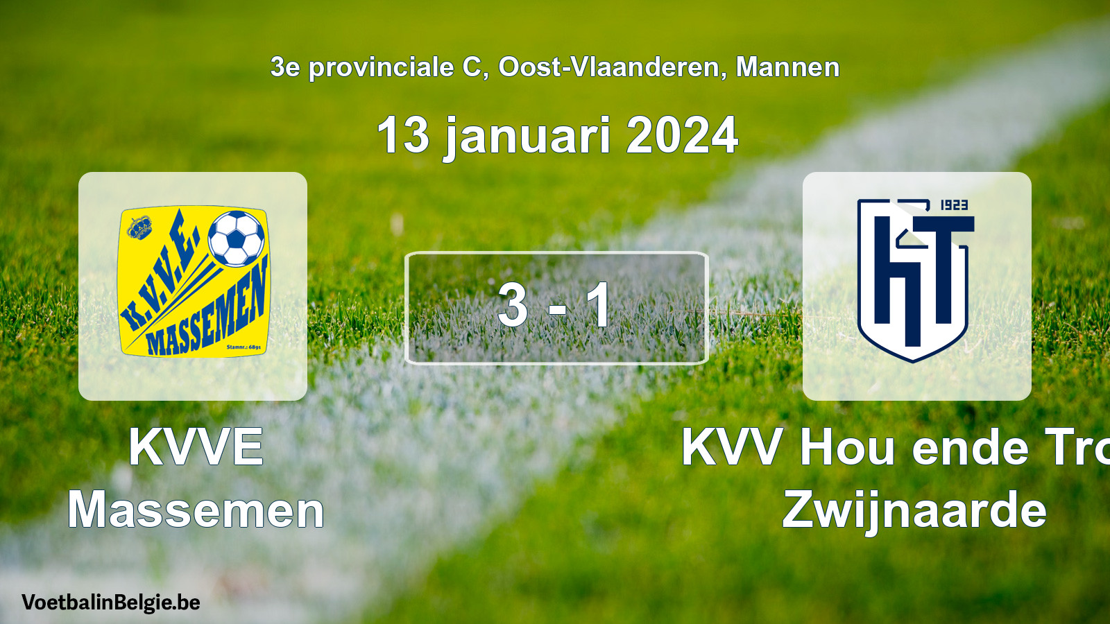Gespeelde wedstrijd mannenvoetbal: KVVE Massemen - KVV Hou ende Trou Zwijnaarde 3 - 1 (13 januari 2024)