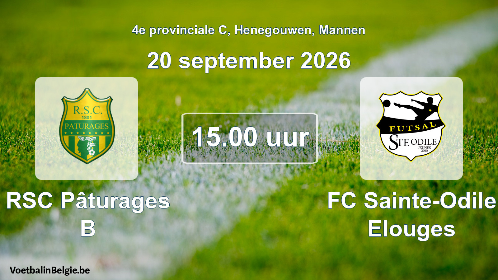 Geplande wedstrijd mannenvoetbal: RSC Pâturages B - FC Sainte-Odile Elouges (20 september 2026)