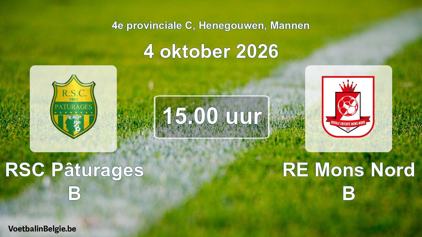 Geplande wedstrijd mannenvoetbal: RSC Pâturages B - RE Mons Nord B (4 oktober 2026)