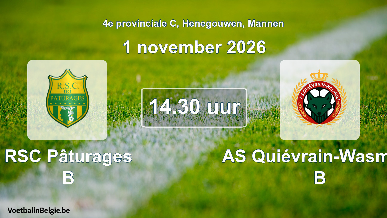 Geplande wedstrijd mannenvoetbal: RSC Pâturages B - AS Quiévrain-Wasmuël B (1 november 2026)