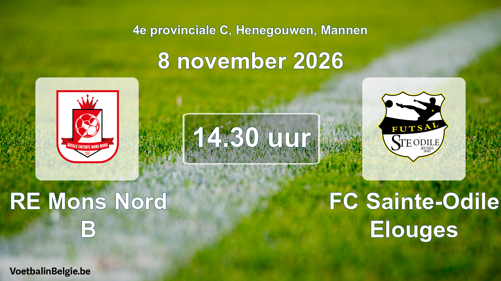 Geplande wedstrijd mannenvoetbal: RE Mons Nord B - FC Sainte-Odile Elouges (8 november 2026)