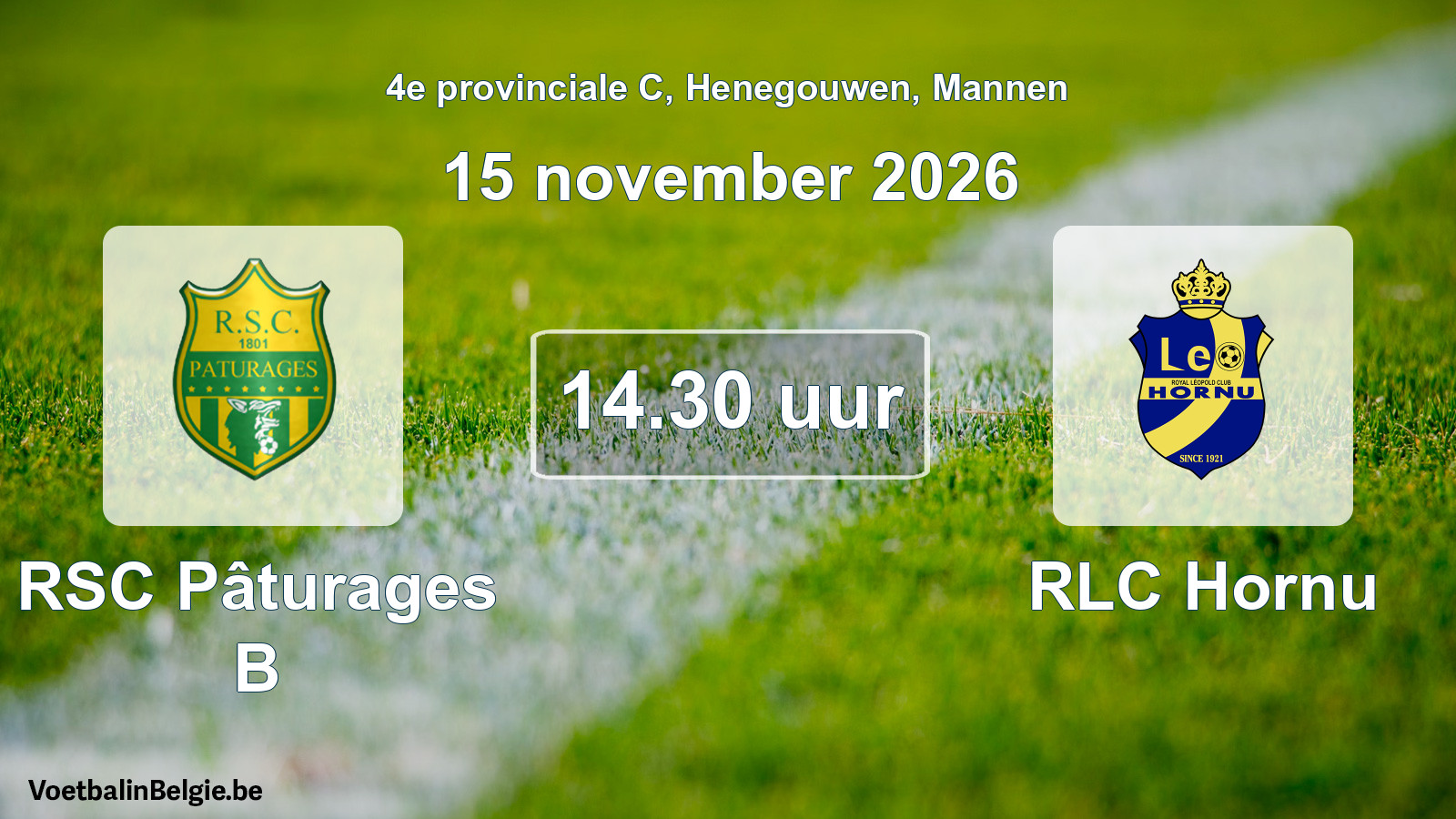 Geplande wedstrijd mannenvoetbal: RSC Pâturages B - RLC Hornu (15 november 2026)