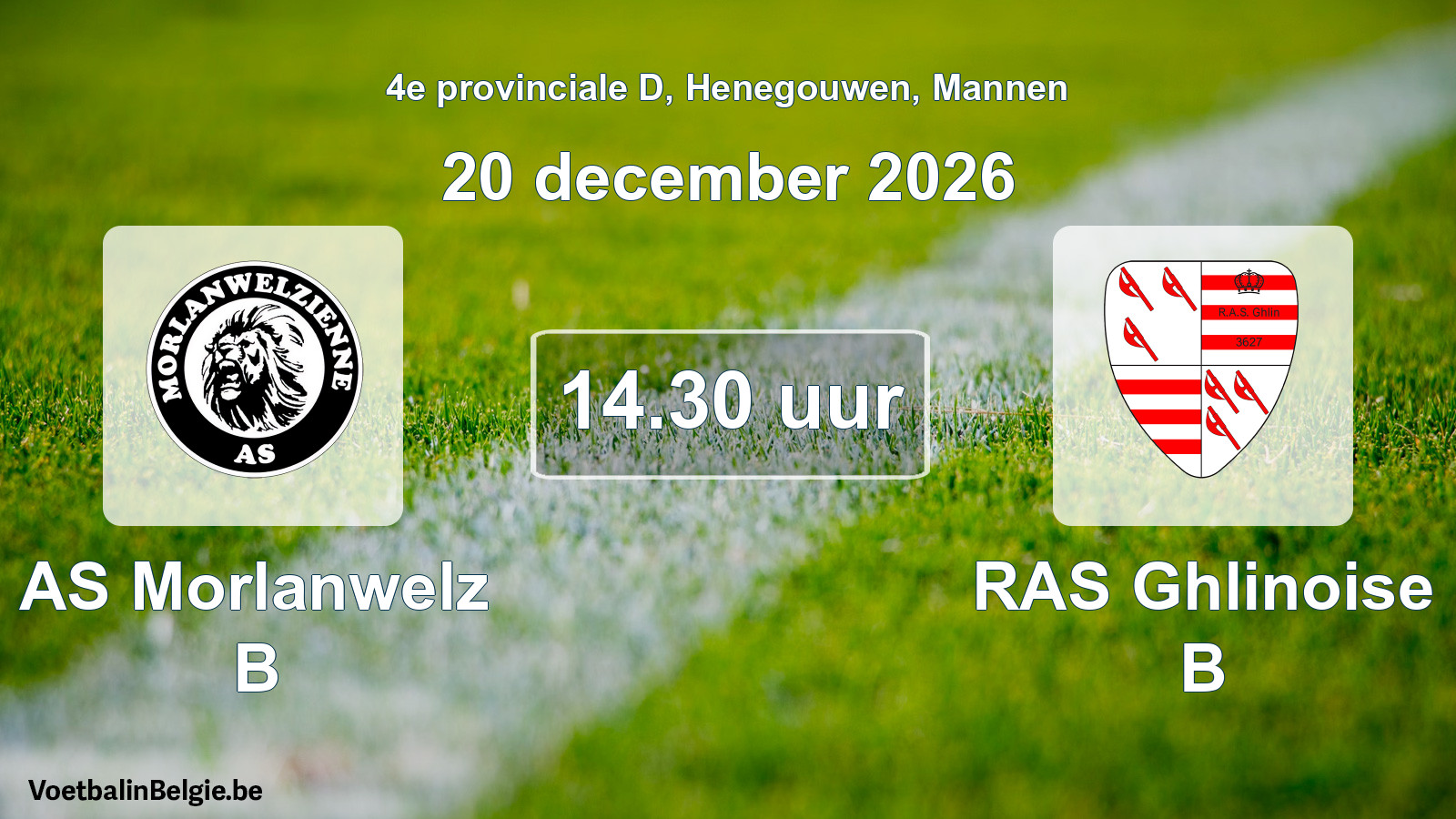 Geplande wedstrijd mannenvoetbal: AS Morlanwelz B - RAS Ghlinoise B (20 december 2026)
