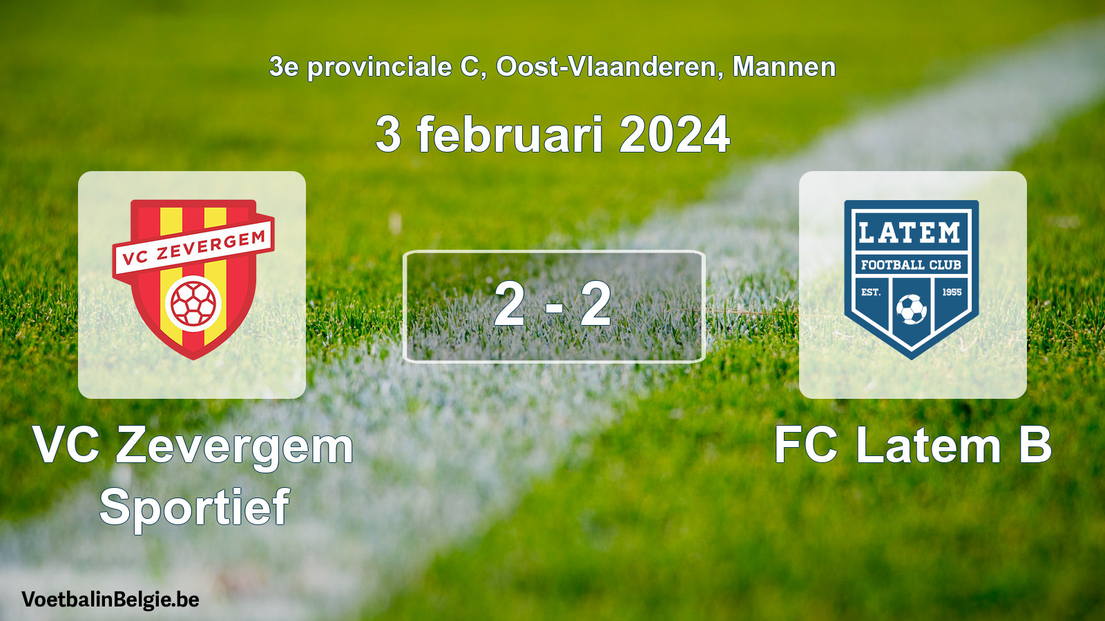 Gespeelde wedstrijd mannenvoetbal: VC Zevergem Sportief - FC Latem B 2 - 2 (3 februari 2024)