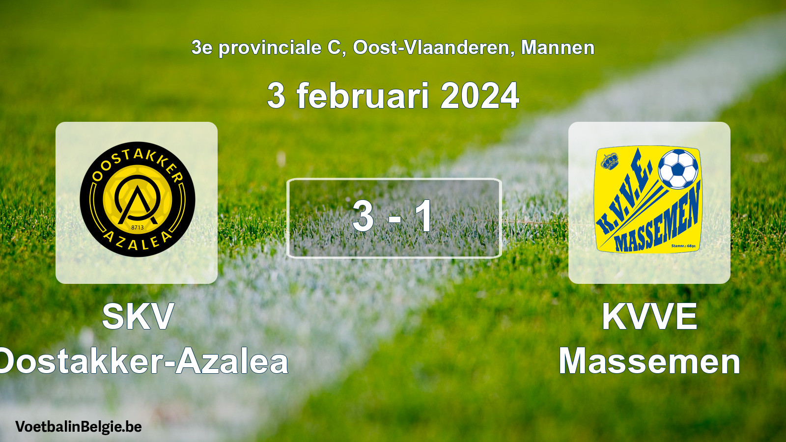 Gespeelde wedstrijd mannenvoetbal: SKV Oostakker-Azalea - KVVE Massemen 3 - 1 (3 februari 2024)